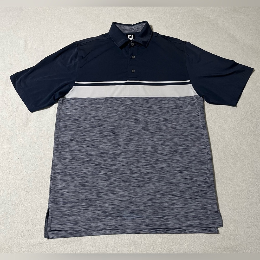 FootJoy Polo Shirt Mens Medium Color Block Pattern Golf Navy Blue Gray White